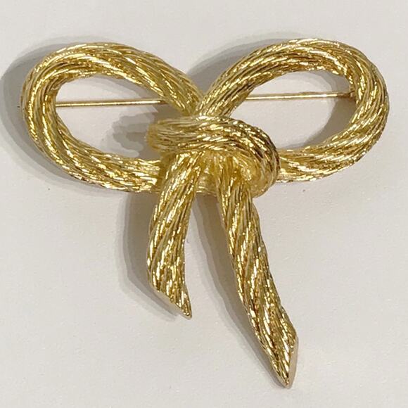 Vintage 1960s Christian Dior Brushed Gold Plated Rope Texture Bow Brooch Pin - Picture 1 of 11